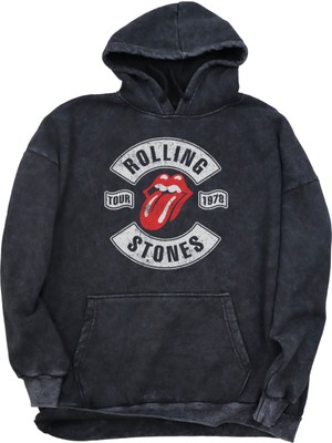 Unisex Rolling Stones Yazılı Kapüşonlu Yıkamalı Sweatshirt,oversize Rock Band Baskılı Retro  Hoodie