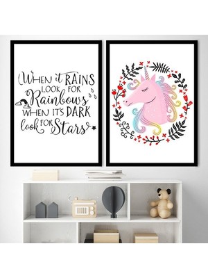Unicorn ve Yağmur Ikili Çerçeve ve Poster Seti - HA1008