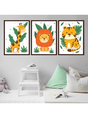 Yapraklarla Zürafa, Aslan ve Kaplan Üçlü Çerçeve ve Poster Seti - HA1029