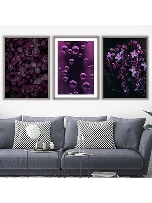 Mor Balonlar ve Bitkiler Üçlü Çerçeve ve Poster Seti -  B1019