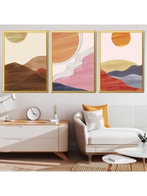 Çizgisel Güneş ve Dağlar Üçlü Çerçeve ve Poster Seti - C1039