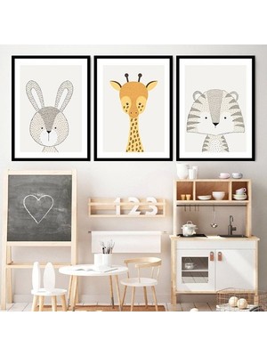 Tavşan, Zürafa ve Kaplan 1 Üçlü Çerçeve ve Poster Seti - HA1026