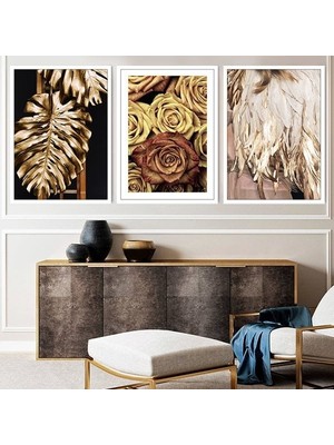 Gold Deve Tabanı & Gül &tüy Üçlü Çerçeve ve Poster Seti - G1000