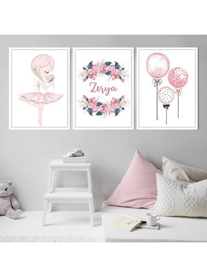 Balerin, Bebeğinizin Adı ve Balon Üçlü Çerçeve ve Poster Seti - HA1032