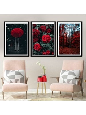 Bordo Orman Üçlü Çerçeve ve Poster Seti -B1007