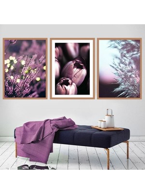 Mor Lavanta ve Lale Esintisi Üçlü Çerçeve ve Poster Seti - B1021