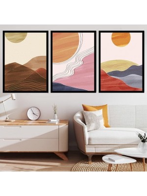 Çizgisel Güneş ve Dağlar Üçlü Çerçeve ve Poster Seti - C1039