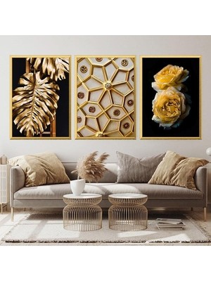 Gold Deve Tabanı & Güller & Yıldız Üçlü Çerçeve ve Poster Seti - G1003