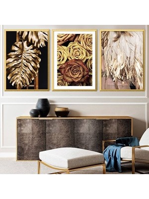 Gold Deve Tabanı & Gül &tüy Üçlü Çerçeve ve Poster Seti - G1000