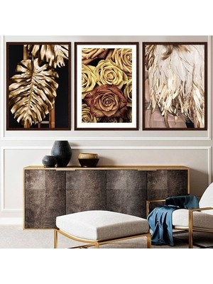 Gold Deve Tabanı & Gül &tüy Üçlü Çerçeve ve Poster Seti - G1000