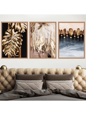 Gold Deve Tabanı & Taşlar &tüy Üçlü Çerçeve ve Poster Seti - G1002