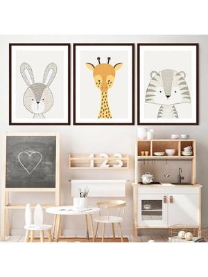Tavşan, Zürafa ve Kaplan 1 Üçlü Çerçeve ve Poster Seti - HA1026