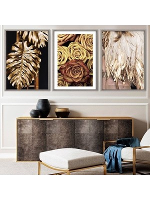 Gold Deve Tabanı & Gül &tüy Üçlü Çerçeve ve Poster Seti - G1000