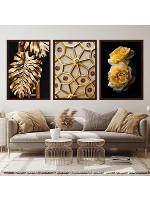 Gold Deve Tabanı & Güller & Yıldız Üçlü Çerçeve ve Poster Seti - G1003