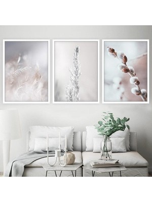 Beyaz Bitkiler Üçlü Çerçeve ve Poster Seti - B1004