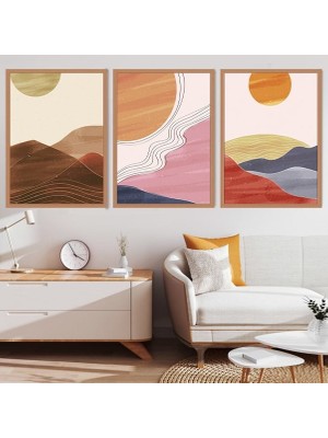 Çizgisel Güneş ve Dağlar Üçlü Çerçeve ve Poster Seti - C1039