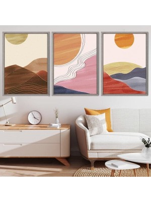 Çizgisel Güneş ve Dağlar Üçlü Çerçeve ve Poster Seti - C1039