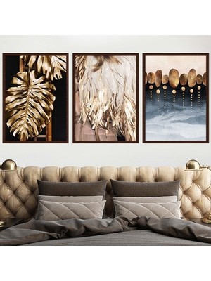 Gold Deve Tabanı & Taşlar &tüy Üçlü Çerçeve ve Poster Seti - G1002