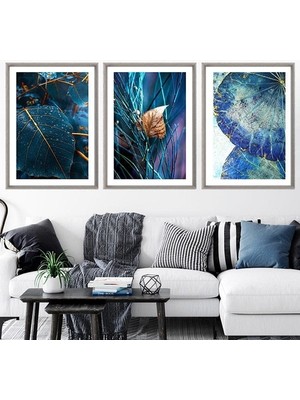 Gold Detaylı Lacivert Yapraklar Üçlü Çerçeve ve Poster Seti -G1006