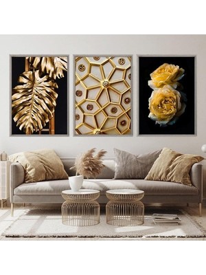 Gold Deve Tabanı & Güller & Yıldız Üçlü Çerçeve ve Poster Seti - G1003