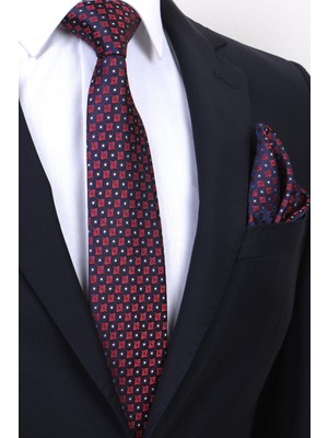 Esgue Hand Made 7.5 cm Desenli Bordo Lacivert Mendilli Kravat