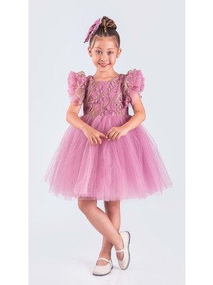 Mnk Baby & Kids Kız Çocuk Nakışlı Tütü Etek Elbise Pembe MNK0578 Kısa Kol Yarasa Stil
