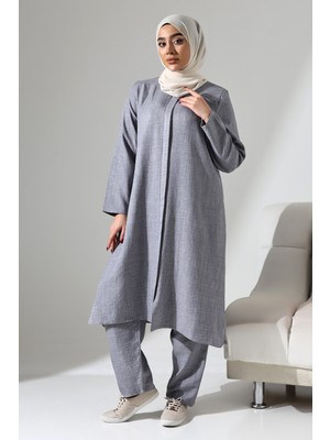 İhvan Online Kadın Gri Melanj Keten Görünümlü Gizli Fermuarlı Hac Umre Kıyafeti Tesettür Ikili Takım