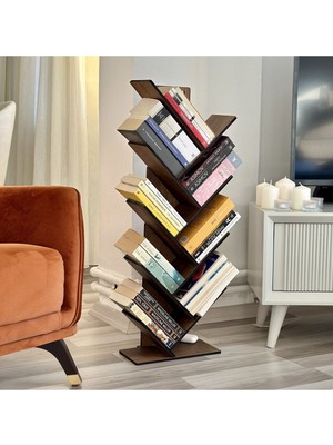 Vigo Wood Geometrik 8 Raflı Ağaç Kitaplık Ceviz Renk Modern Tasarım Dayanıklı Ahşap 90x36x18 cm MK10