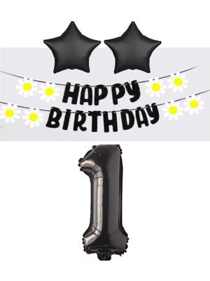 Bal10 Dünyası Siyah Rakam Yıldız Folyo Balon Happy Bırthday Beyaz Papatya Eva Banner Seti Yaş 1