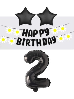 Bal10 Dünyası Siyah Rakam Yıldız Folyo Balon Happy Bırthday Beyaz Papatya Eva Banner Seti Yaş 2