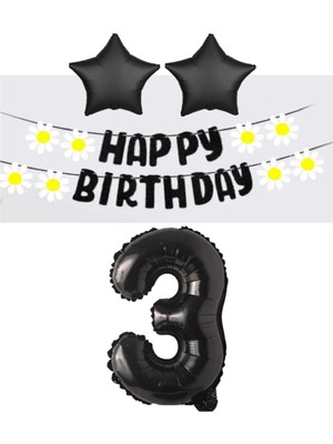 Bal10 Dünyası Siyah Rakam Yıldız Folyo Balon Happy Bırthday Beyaz Papatya Eva Banner Seti Yaş 3