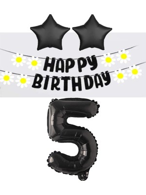 Bal10 Dünyası Siyah Rakam Yıldız Folyo Balon Happy Bırthday Beyaz Papatya Eva Banner Seti Yaş 5