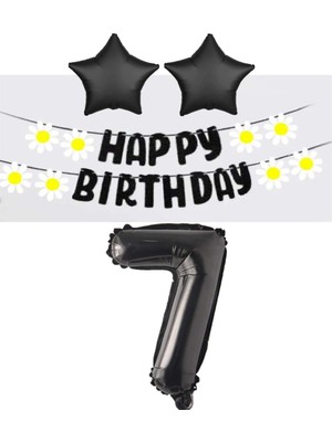 Bal10 Dünyası Siyah Rakam Yıldız Folyo Balon Happy Bırthday Beyaz Papatya Eva Banner Seti Yaş 7
