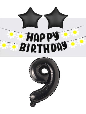 Rönesans Parti Rönesans Siyah Rakam Yıldız Folyo Balon Happy Bırthday Beyaz Papatya Eva Banner Seti Yaş 9