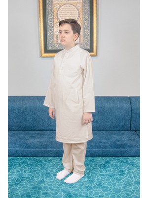 İhvan Online Erkek Çocuk Hac Umre Hakim Yaka Afgan Takım - Bej