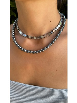 Jewine Studio Yıldız Figürlü Doğal Hematit Taşı Şık Tasarım Choker Kolye