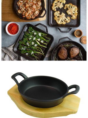 Evren Döküm Demir Kulplu Yuvarlak Sahan Tava 16 cm ve Ahşap Servis Sunum Altlık