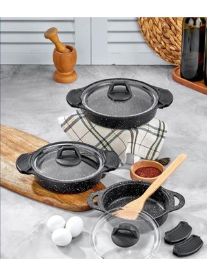 Eda ZK-900 Döküm Granit 3'lü Sahan Seti Siyah (6 Adet Silikon Tutamaç Hediyeli)