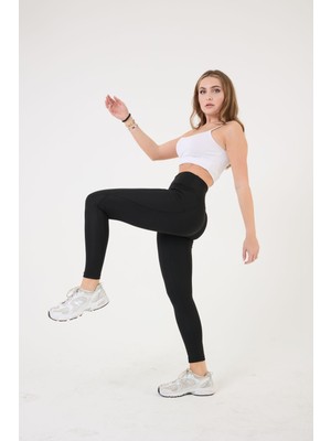 Mrr Majestic Kadın Siyah Yüksek Bel Toparlayıcı Çift Cepli Dar Paça Spor Tayt