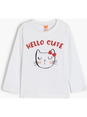 Koton Pamuklu Kedi Baskılı Bisiklet Yaka Uzun Kollu Tişört