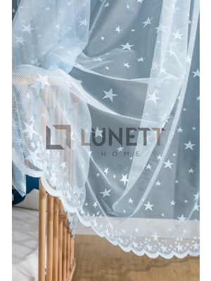 Lunet Home Mavi Yıldızlı Desen Sık Pileli 1x3 Tül Perde Salon Balkon Çocuk Odası Tülü