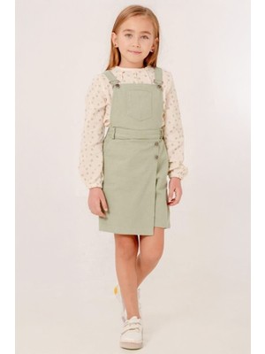 Miniğimin Cicileri (7-10 Yaş) Müslin Pamuk Çiçek Detaylı Bluz Gabardin Salopet Kız çocuk elbise - Yeşil