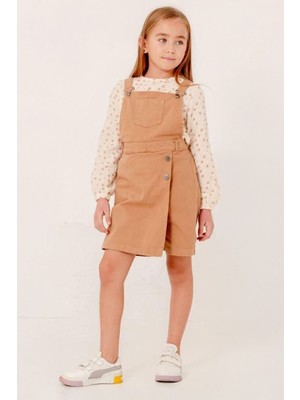 Miniğimin Cicileri (7-10 Yaş) Müslin Pamuk Çiçek Detaylı Bluz Gabardin Salopet Kız çocuk elbise - Kahverengi