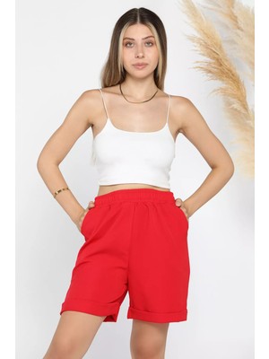 Bel Lastikli Duble Paça Cepli Kadın Şort P-00012346