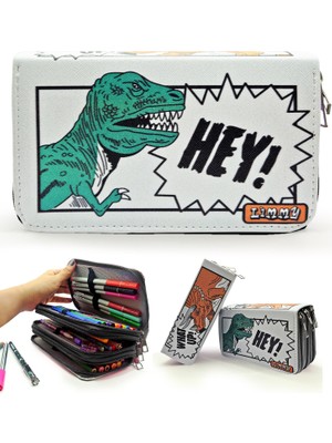 Kalem Kutusu Dinozor Karikatür Kawai Organizer Kalemkutu Vegan Deri Üç Bölmeli Kalemlik Siyah