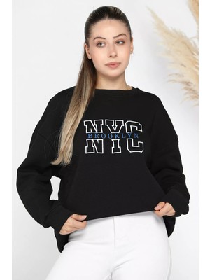 Gülseli Kadın Nyc Nakışlı Şardonlu Üç Iplik Oversize Sweatshirt