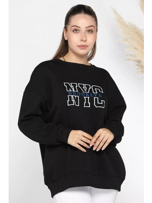 Gülseli Kadın Nyc Nakışlı Şardonlu Üç Iplik Oversize Sweatshirt