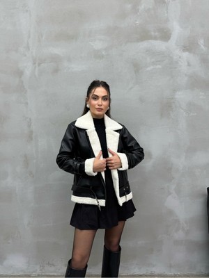 Msm Fashion Kadın Içi Beyaz Kürklü Siyah Kısa Biker Deri Ceket Mont