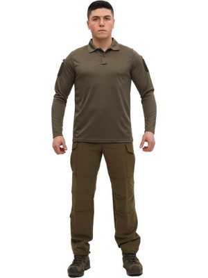 Single Sword Polo Yaka Uzun Kol Outdoor T-Shirt Renk: Haki Beden: S