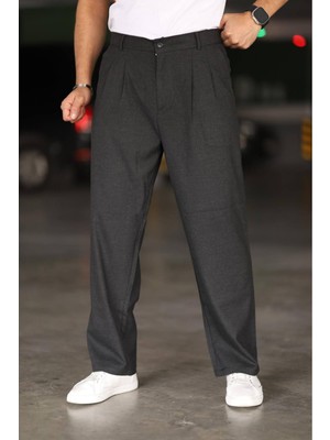 Bürke Baggy Çift Pileli Antrasit Renk Beli Lastikli Kaliteli Rahat Kesim Klasik Bol Paça Baggy Pantolon
